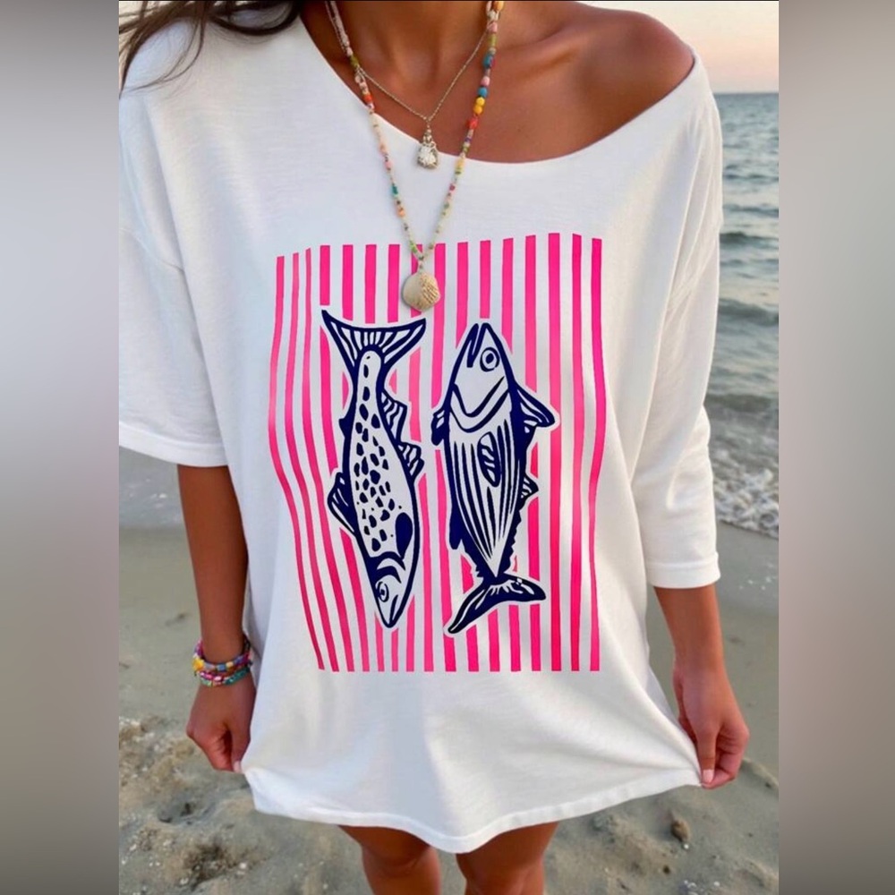 Stylish Sardines oversized Tee - White with Pink & Navy